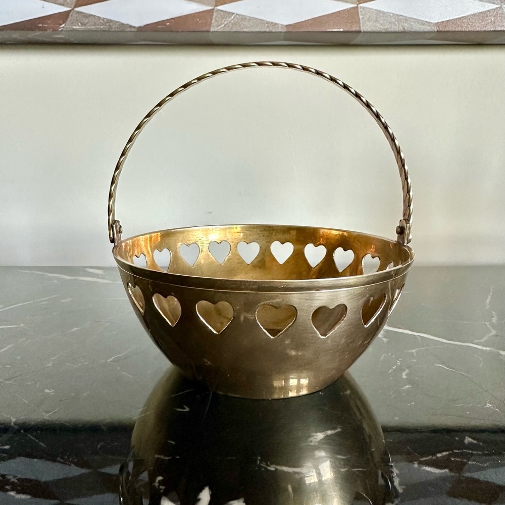Brass Gold Heart Cutout Metal Basket Vintage MCM
